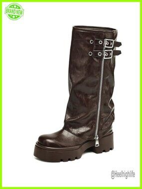 Fold Over Knee High Platform Moto Boots with Buckle Straps Chunky Low Heel Wide